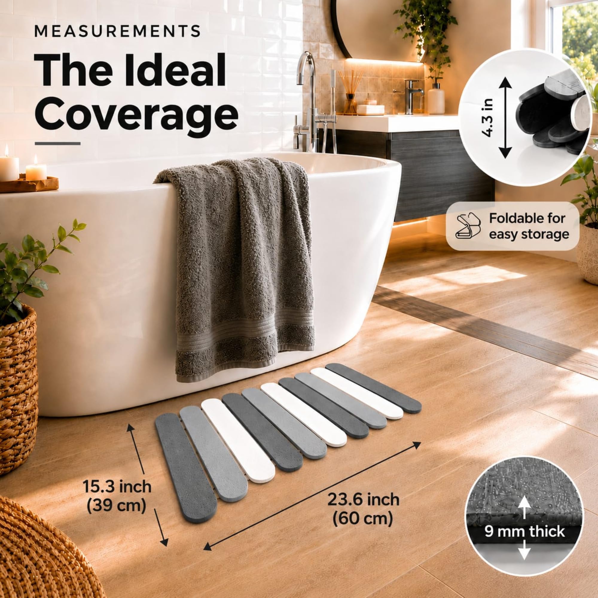 CosyVine mat underfoot at shower step providing quick-dry safety