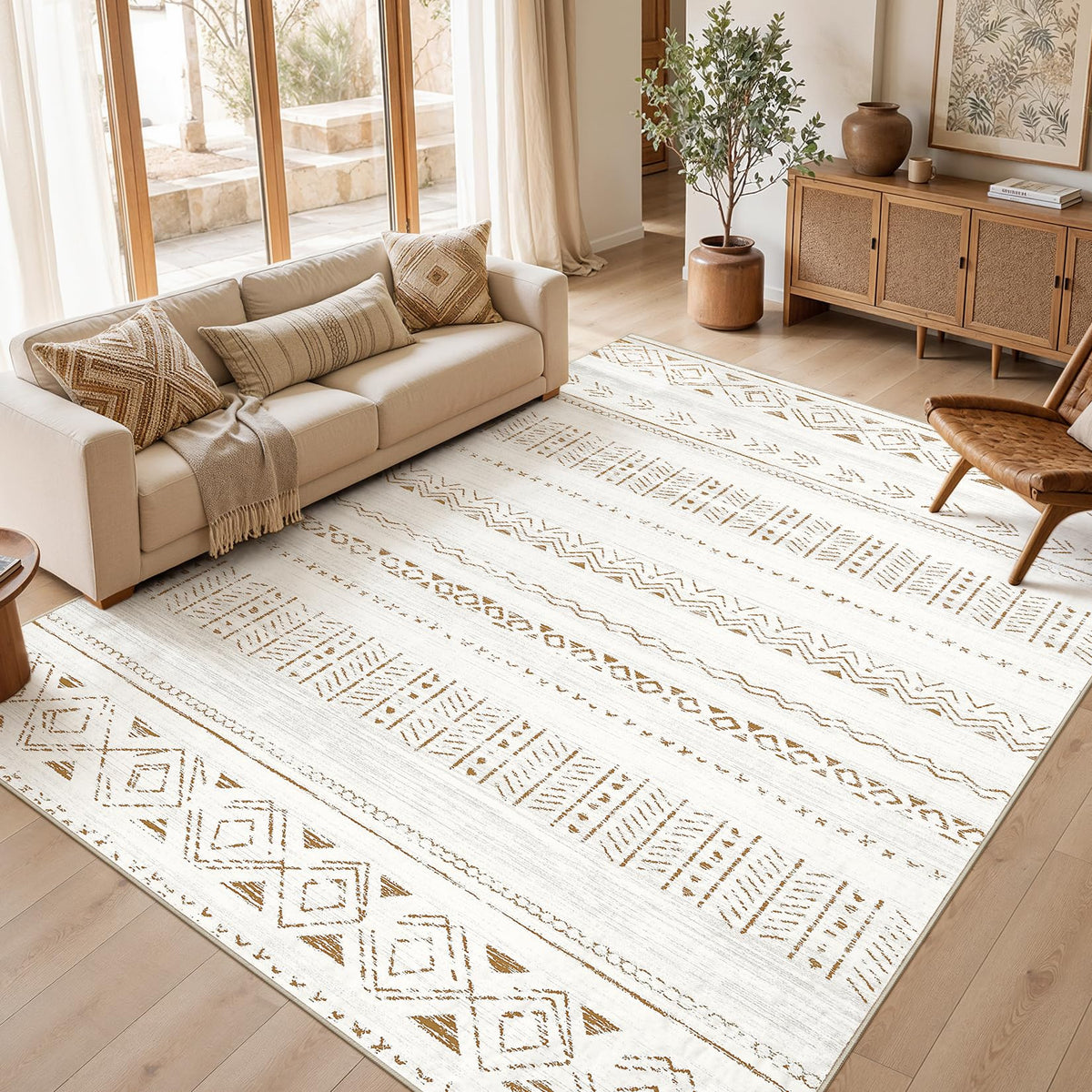 cotiled front view of 8x10 boho rug showcasing pattern and size for styling