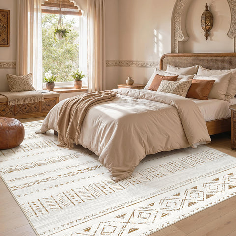 cotiled rug in styled living room anchoring sofa and adding neutral warmth