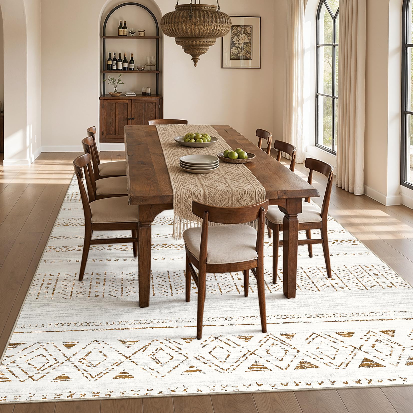 cotiled rug under sofa showing scale and low-profile door clearance benefit
