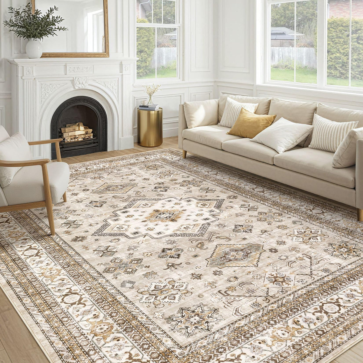 cotiled front view 9x12 beige rug showing traditional design and cozy feel