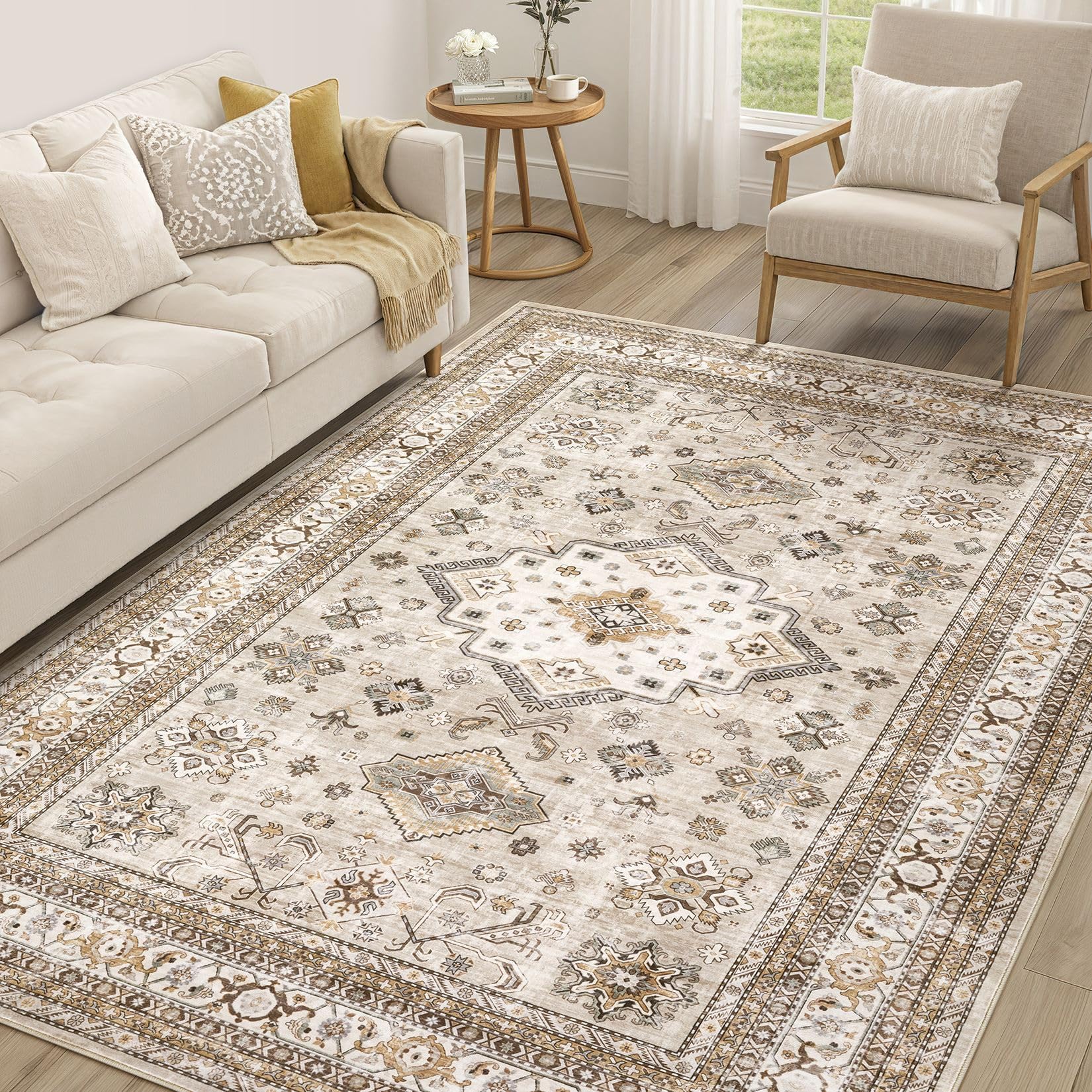 cotiled front view beige rug showing classic pattern and room cohesion