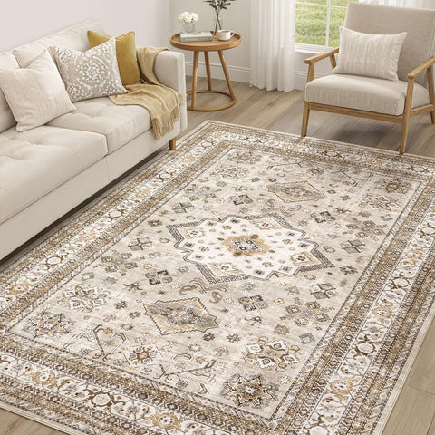 cotiled front view beige rug showing classic pattern and room cohesion