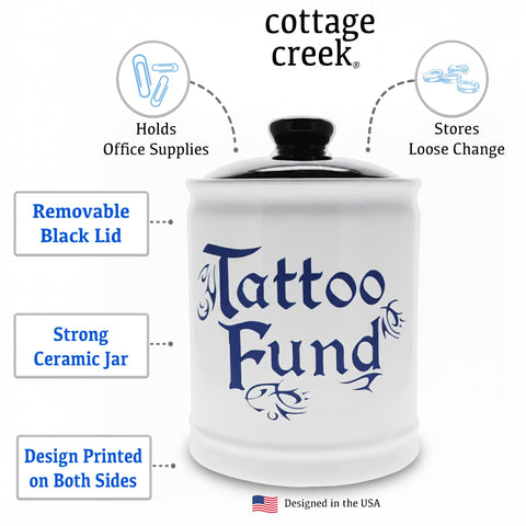 Cottage Creek close-up of Tattoo Fund script showing durable printed lettering