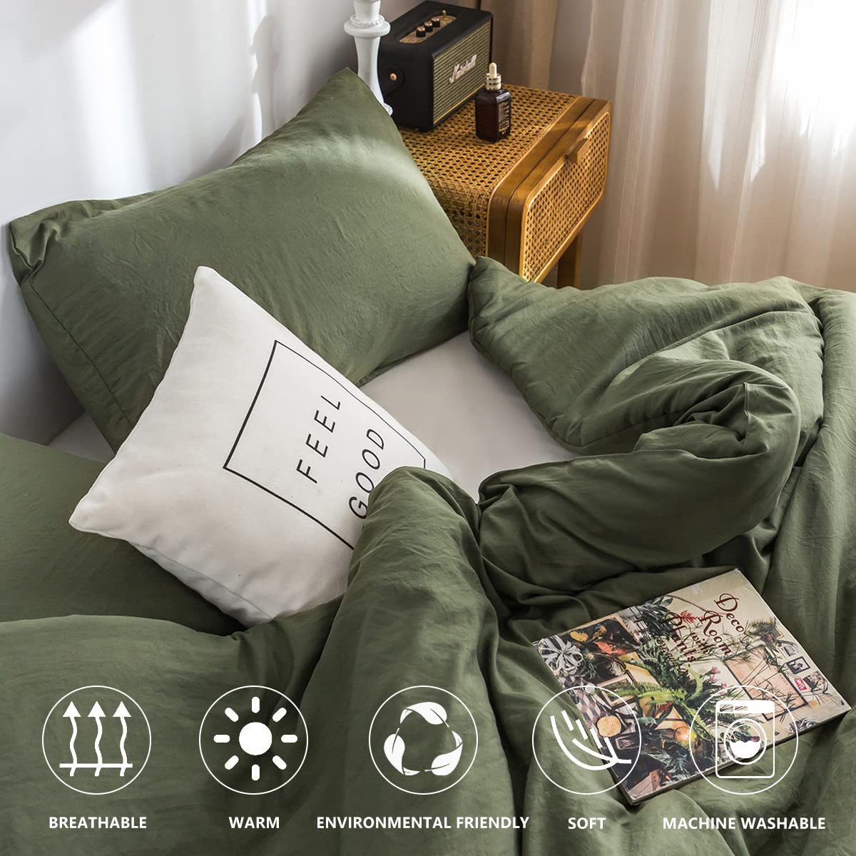 COTTEBED styled bedroom with dark olive comforter for modern cozy appeal