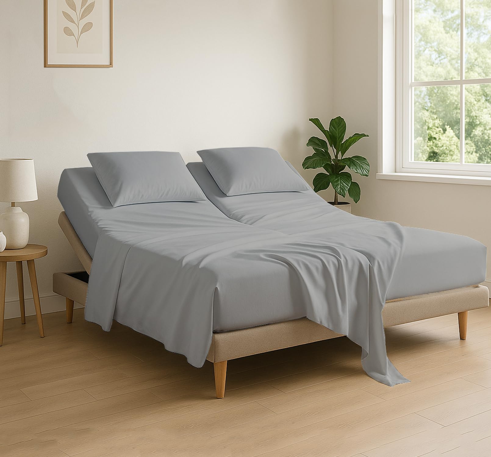 Cottingon front packaging of light grey sheet set showing contents and benefit