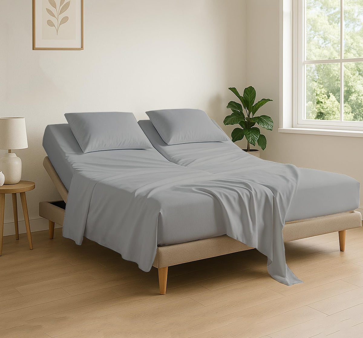 Cottingon front packaging of light grey sheet set showing contents and benefit