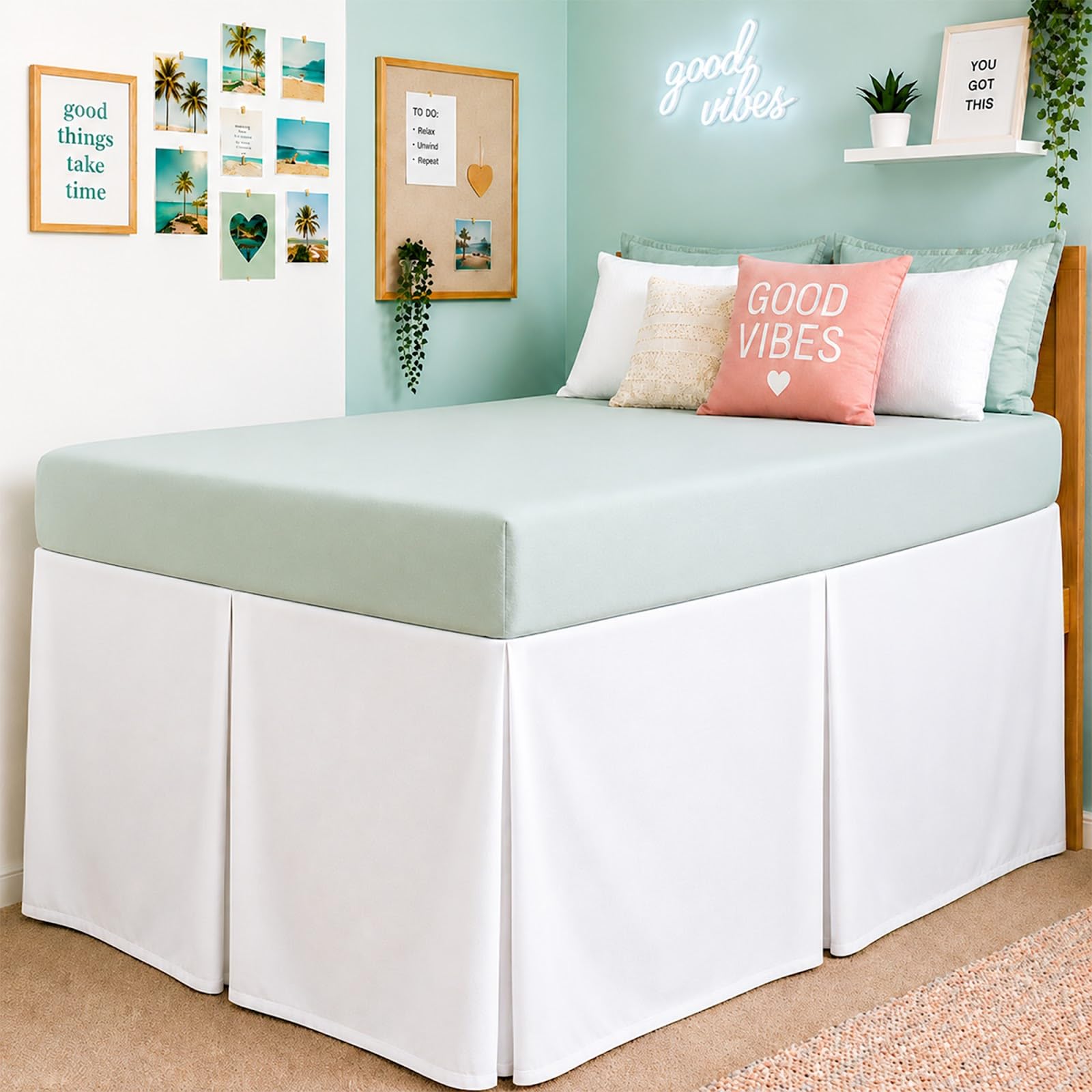 Cottington Lane front view dressed bed shows neat tailored look and hidden storage