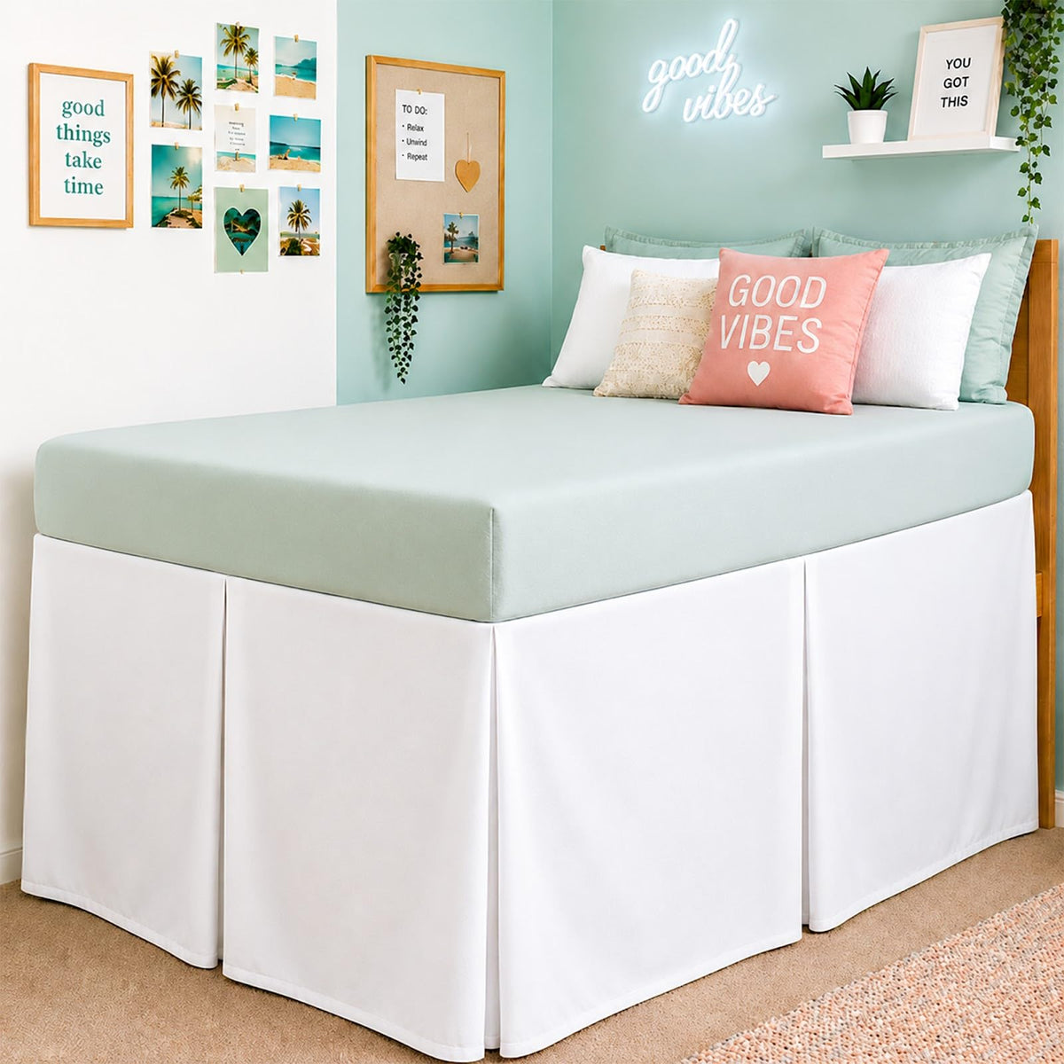 Cottington Lane front view dressed bed shows neat tailored look and hidden storage