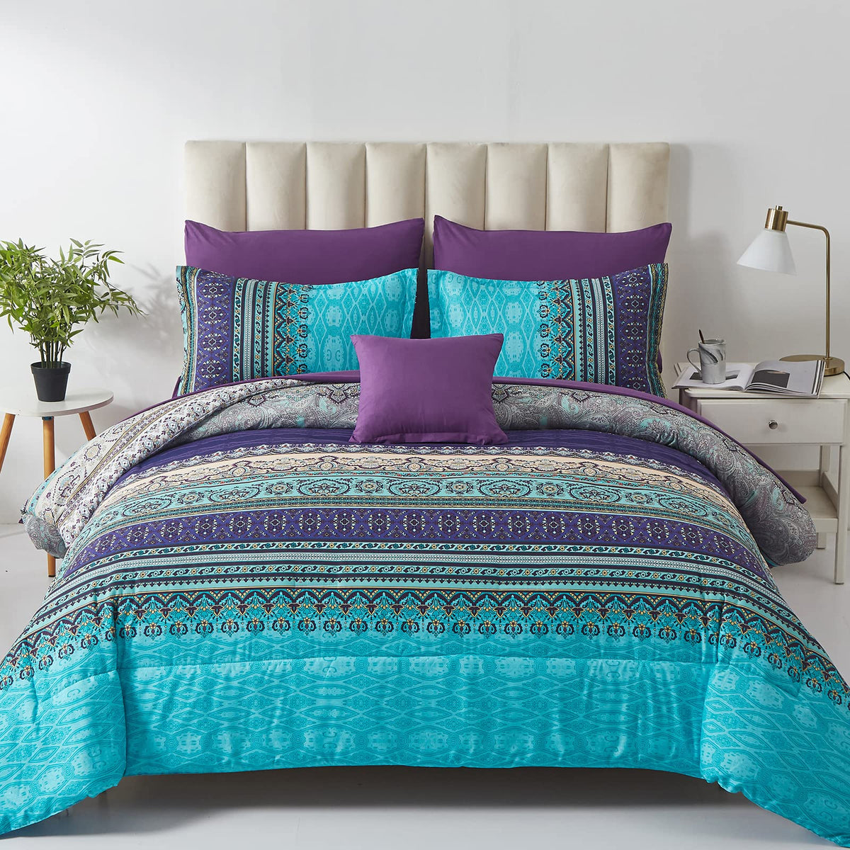 Cottolester front packaging displaying aqua paisley comforter benefits easy setup