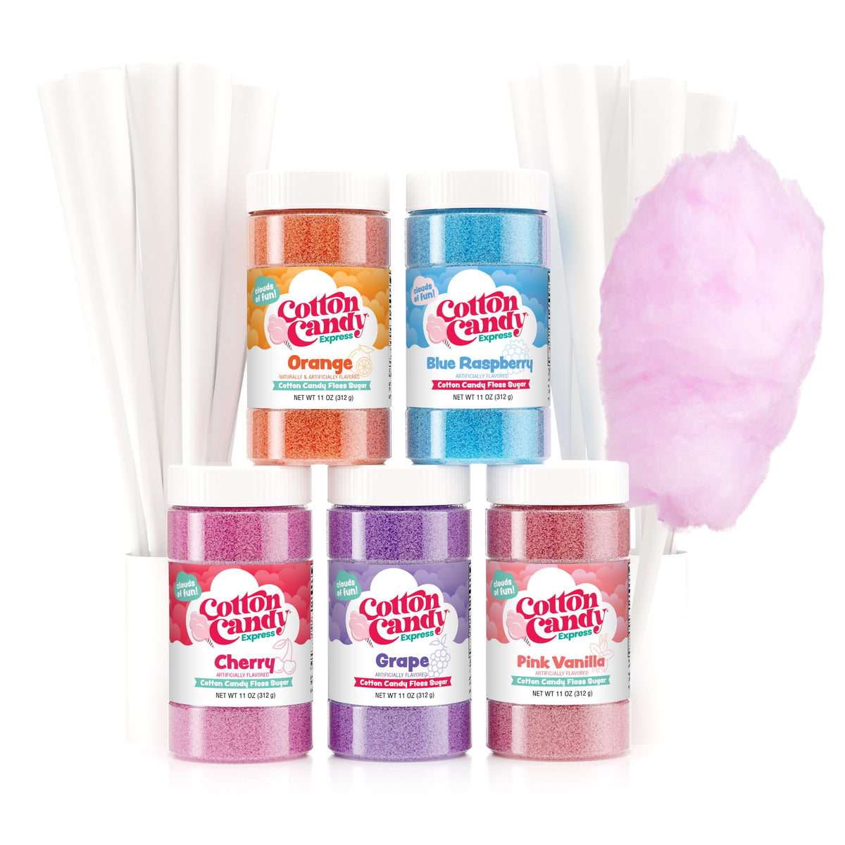 Cotton Candy Express front packaging showing five flavored jars and cones, ready for parties