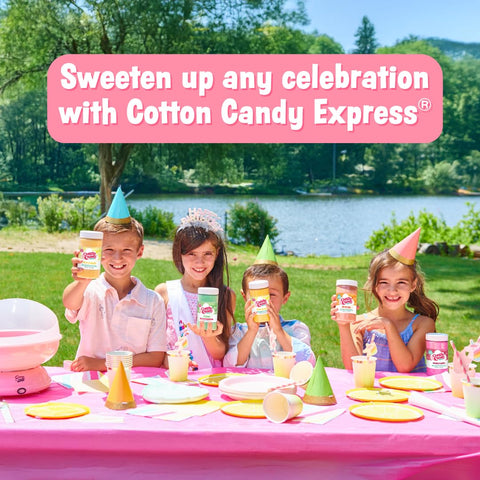 Cotton Candy Express jar beside a hand for size comparison, showing 11oz portable jars