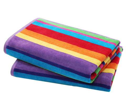 COTTON CRAFT front view of two vibrant striped beach towels, shows bold design benefits