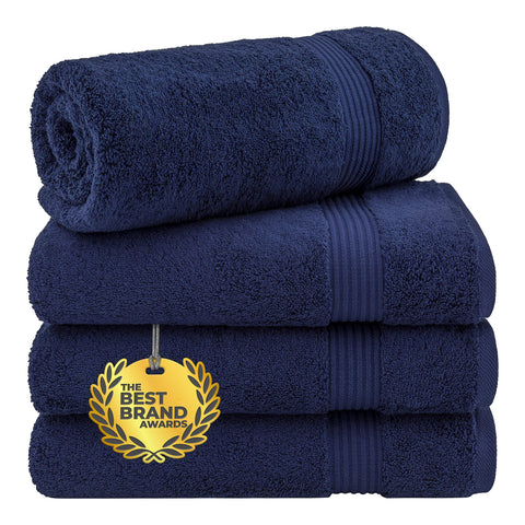 Cotton Paradise front view of navy blue towel set showing neat packaging and colour