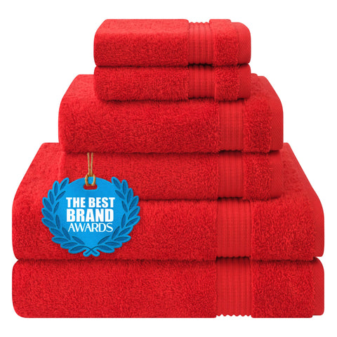 Cotton Paradise front packaging showing red towel set and benefits