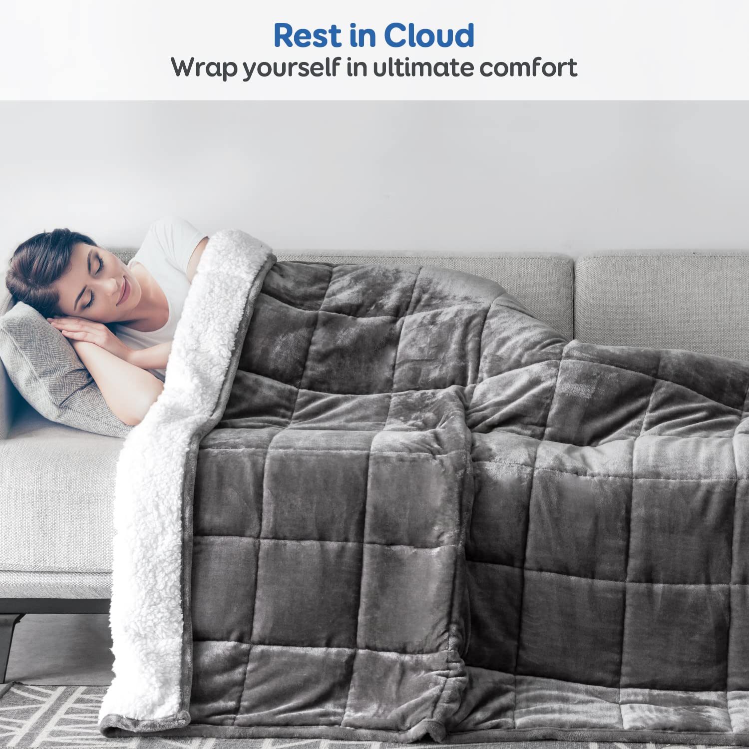 Cottonblue weighted blanket on queen bed staged in bedroom showing layered styling benefit