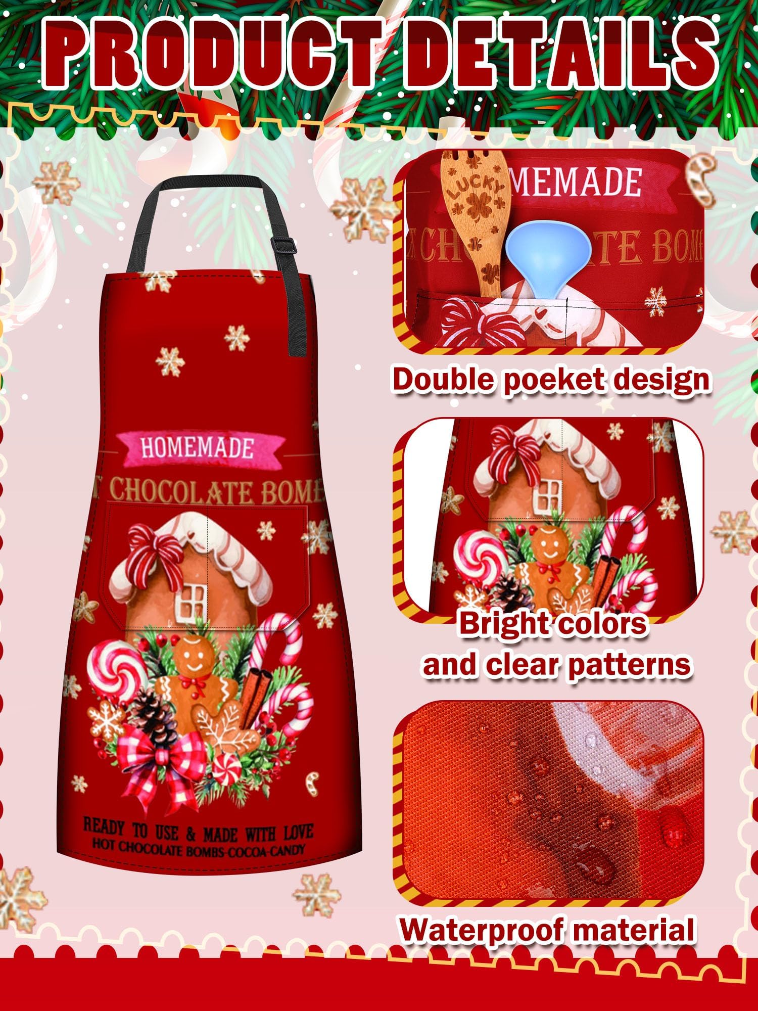 Cotwinter close-up of dual pockets showing storage benefit for utensils and recipes