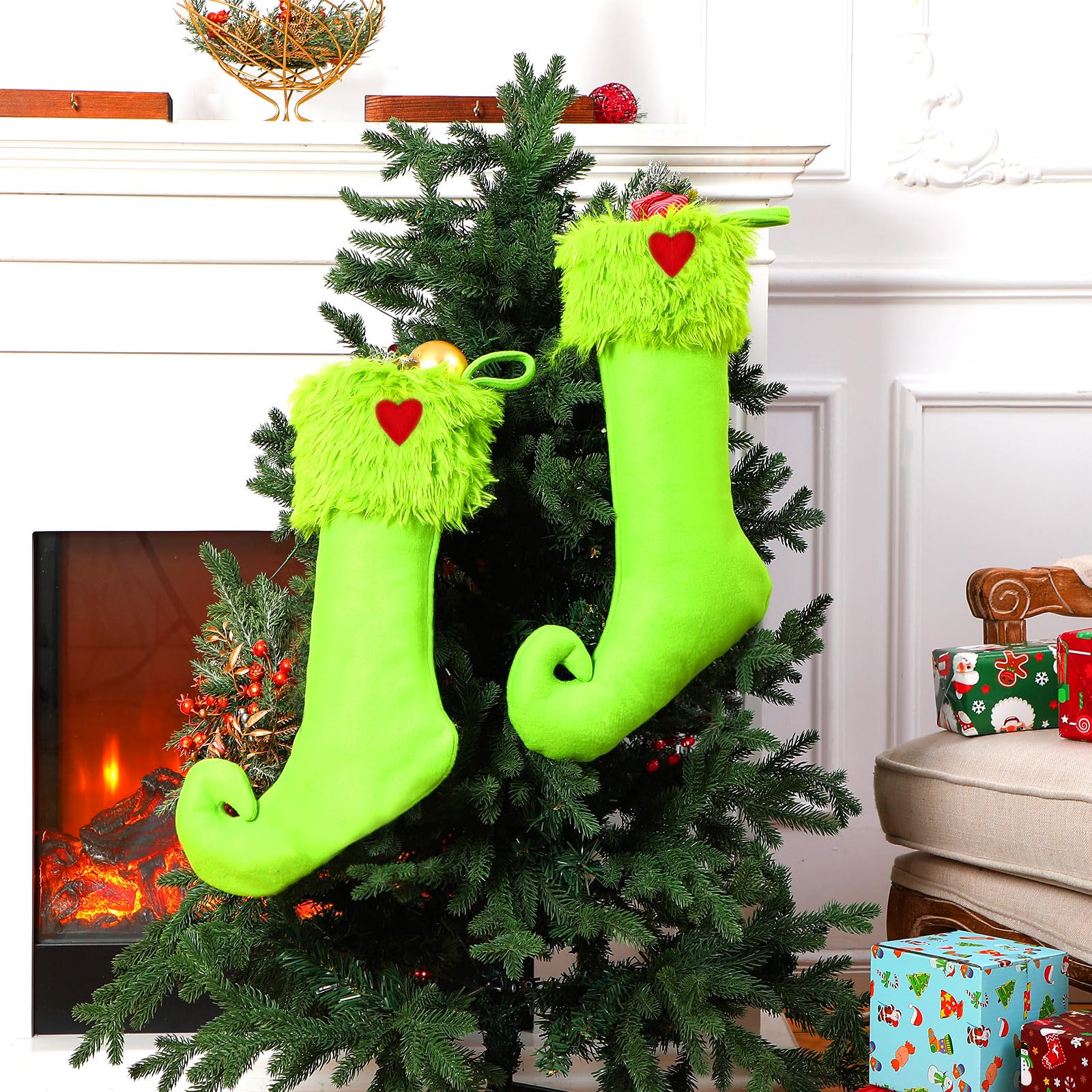 Coume stockings hanging on fireplace mantel adding festive atmosphere