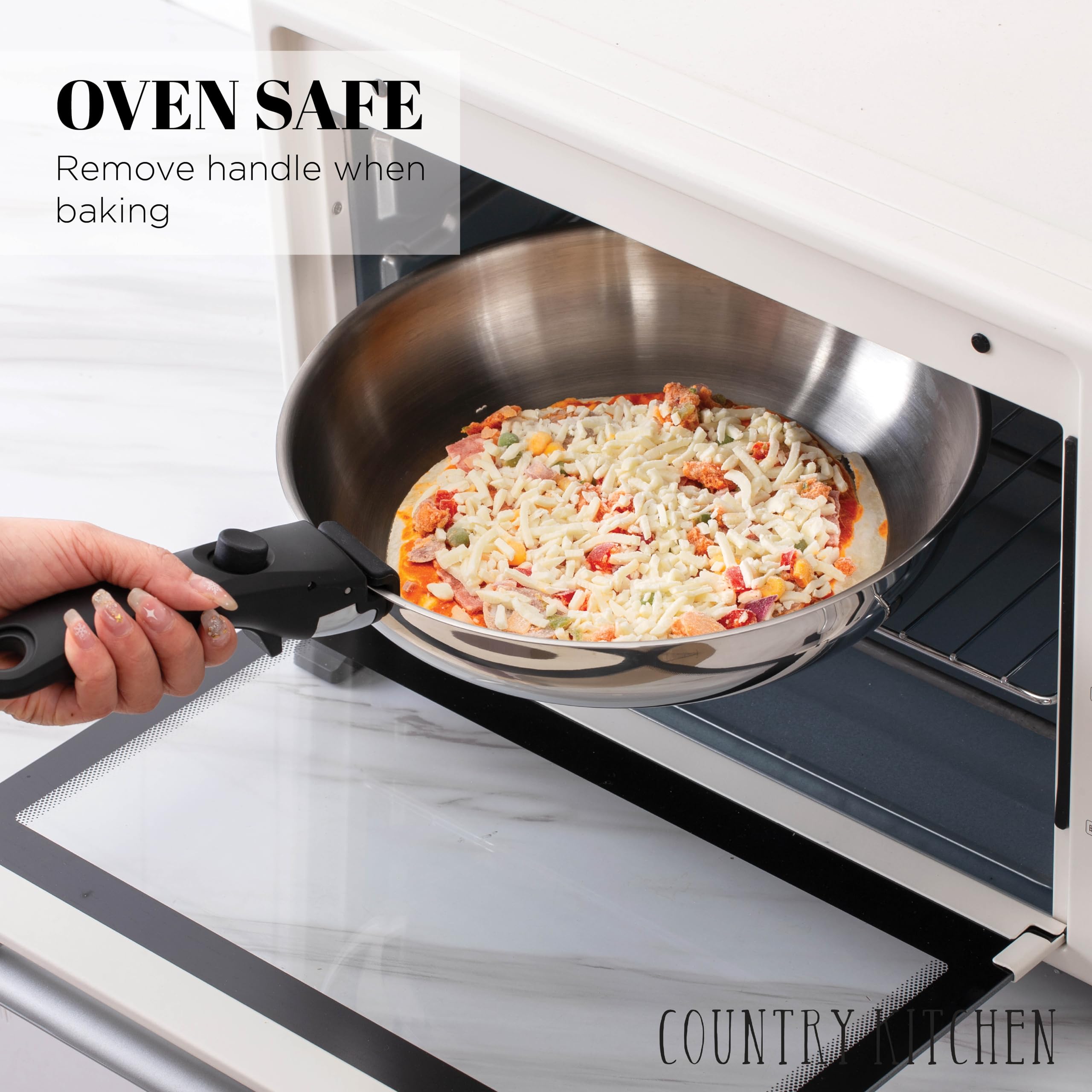 Country Kitchen cookware in oven without handle showing oven-safe benefit