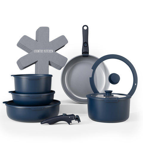Country Kitchen denim set front packaging showing full contents and benefit of compact storage