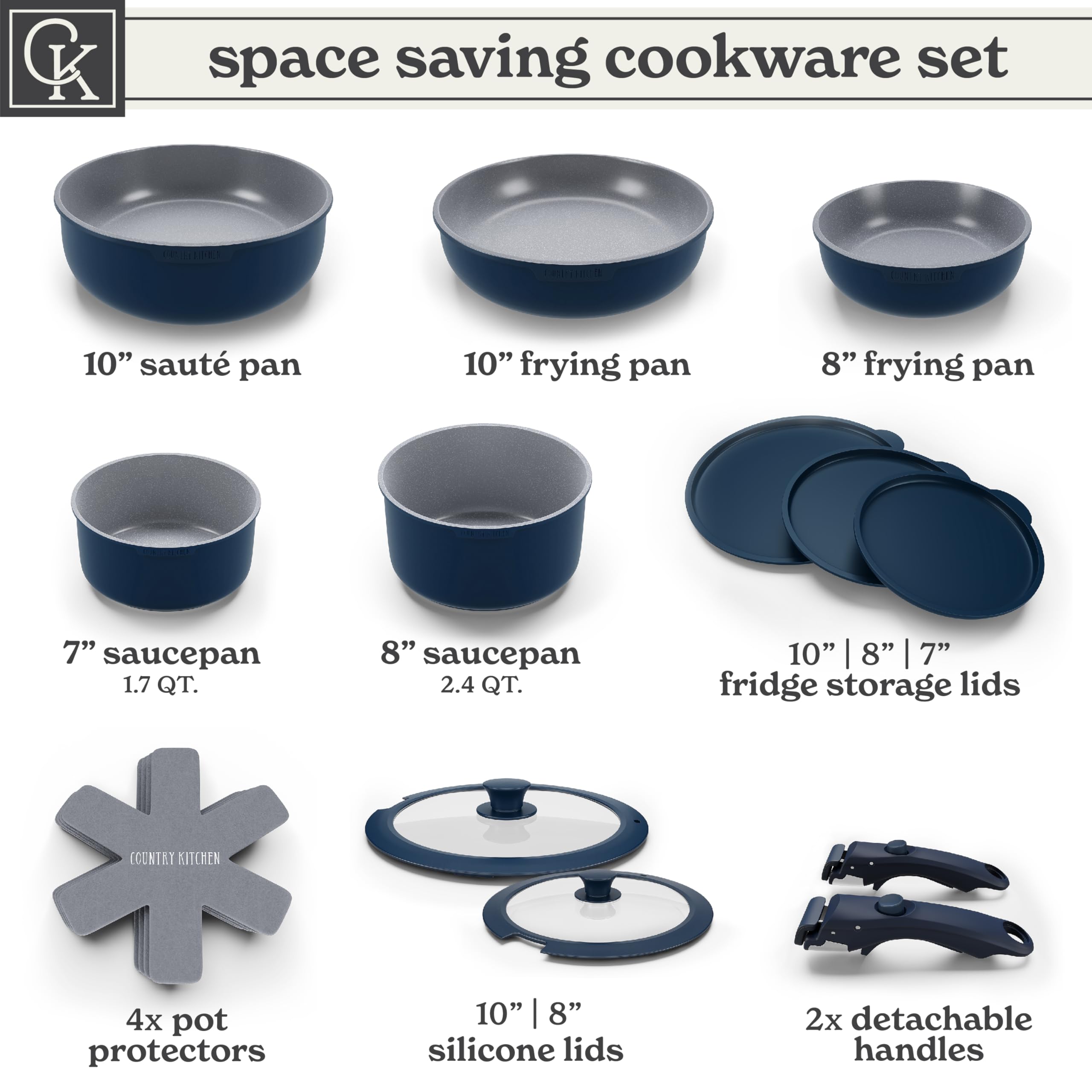 Country Kitchen pans stacked neatly to show space-saving storage advantage