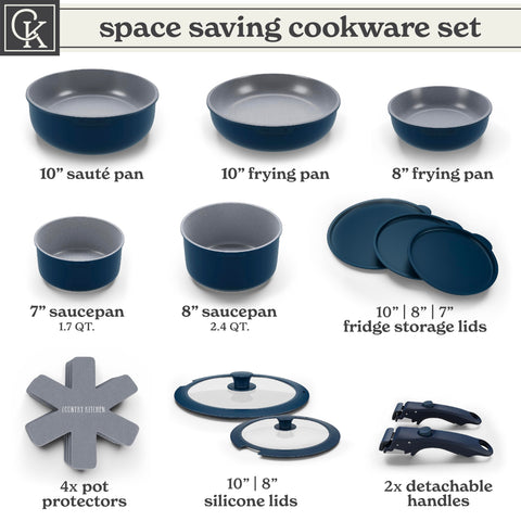 Country Kitchen pans stacked neatly to show space-saving storage advantage