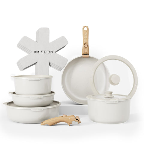 Country Kitchen front packaging showing full cookware set and compact storage benefit