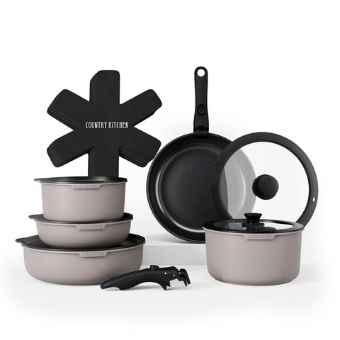 Country Kitchen front view of cookware set showing modern grey finish and benefit of cohesive design