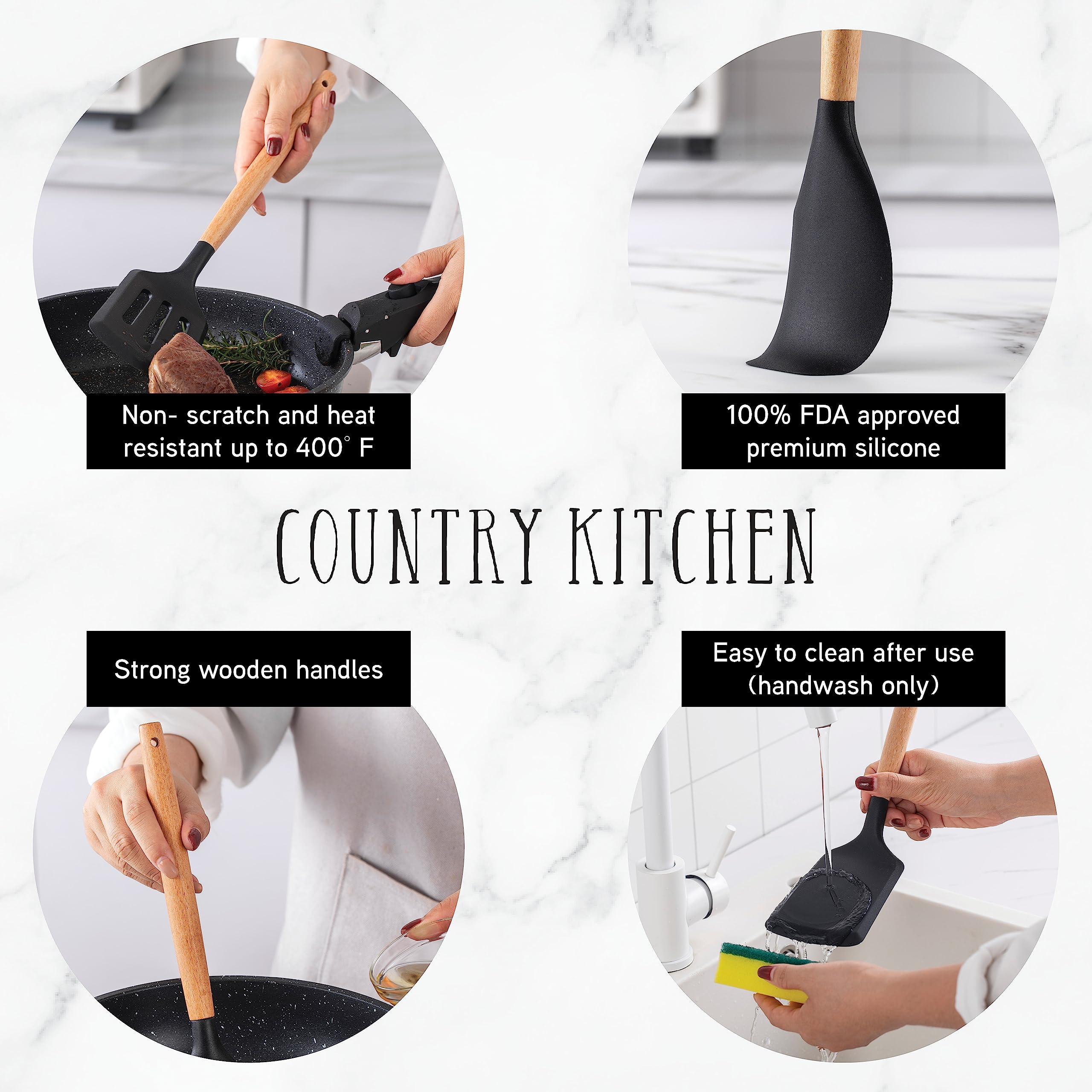 Country Kitchen utensils stirring a saucepan protecting nonstick cookware