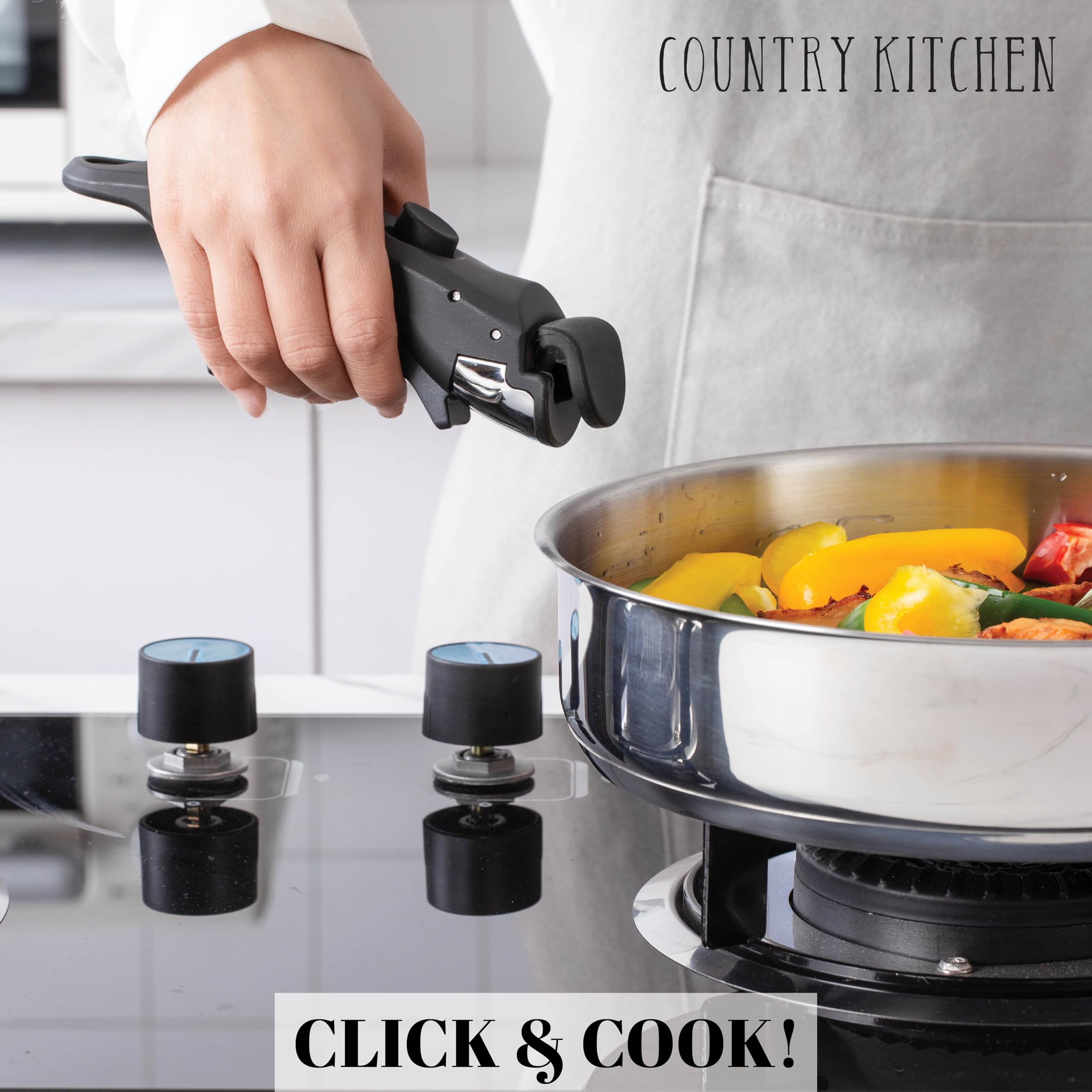 Country Kitchen lids and stacked pots showing space-saving benefit