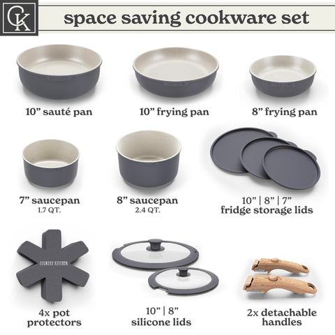 Country Kitchen stacked pots and pans saving cabinet space
