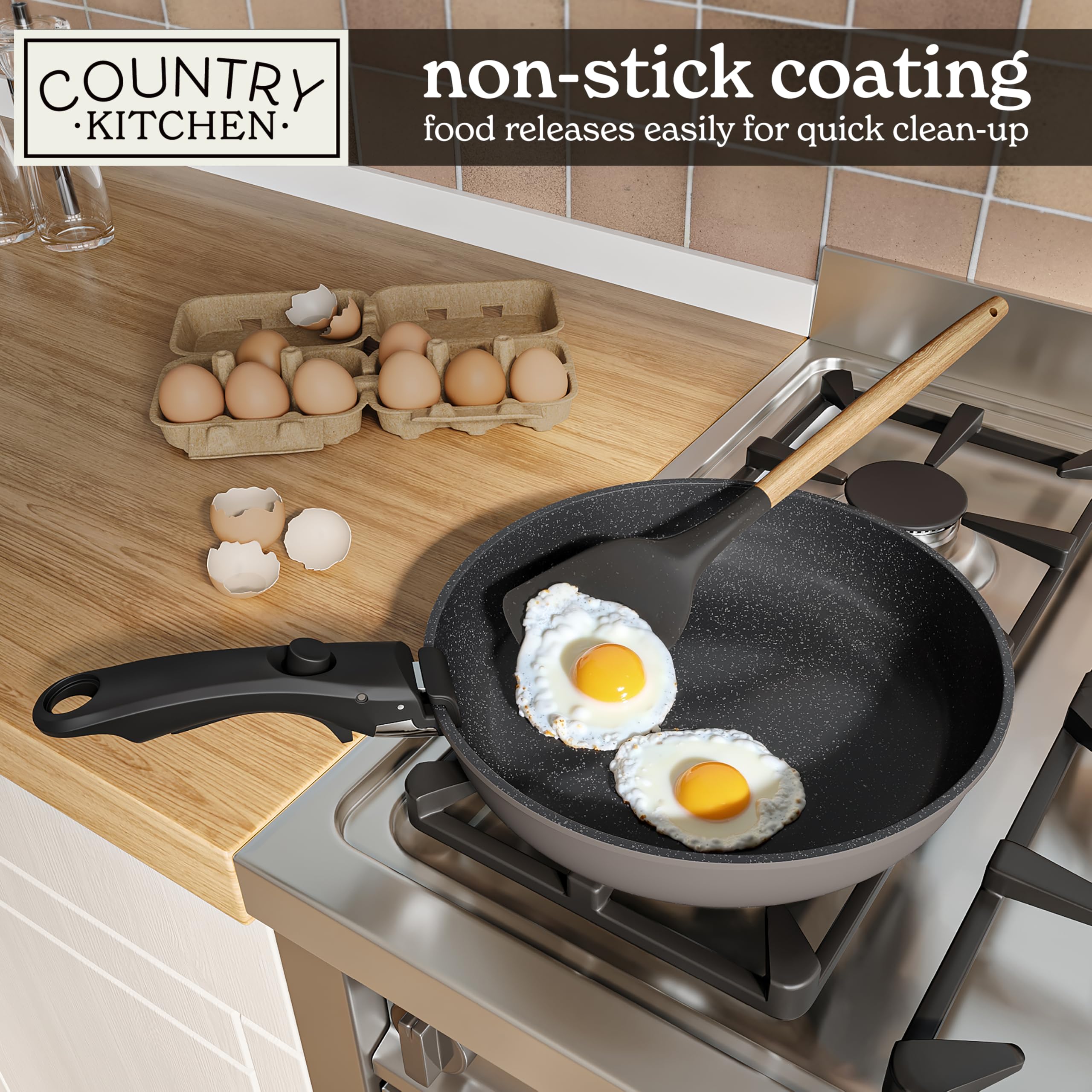 Country Kitchen ceramic nonstick surface close-up showing easy food release benefit