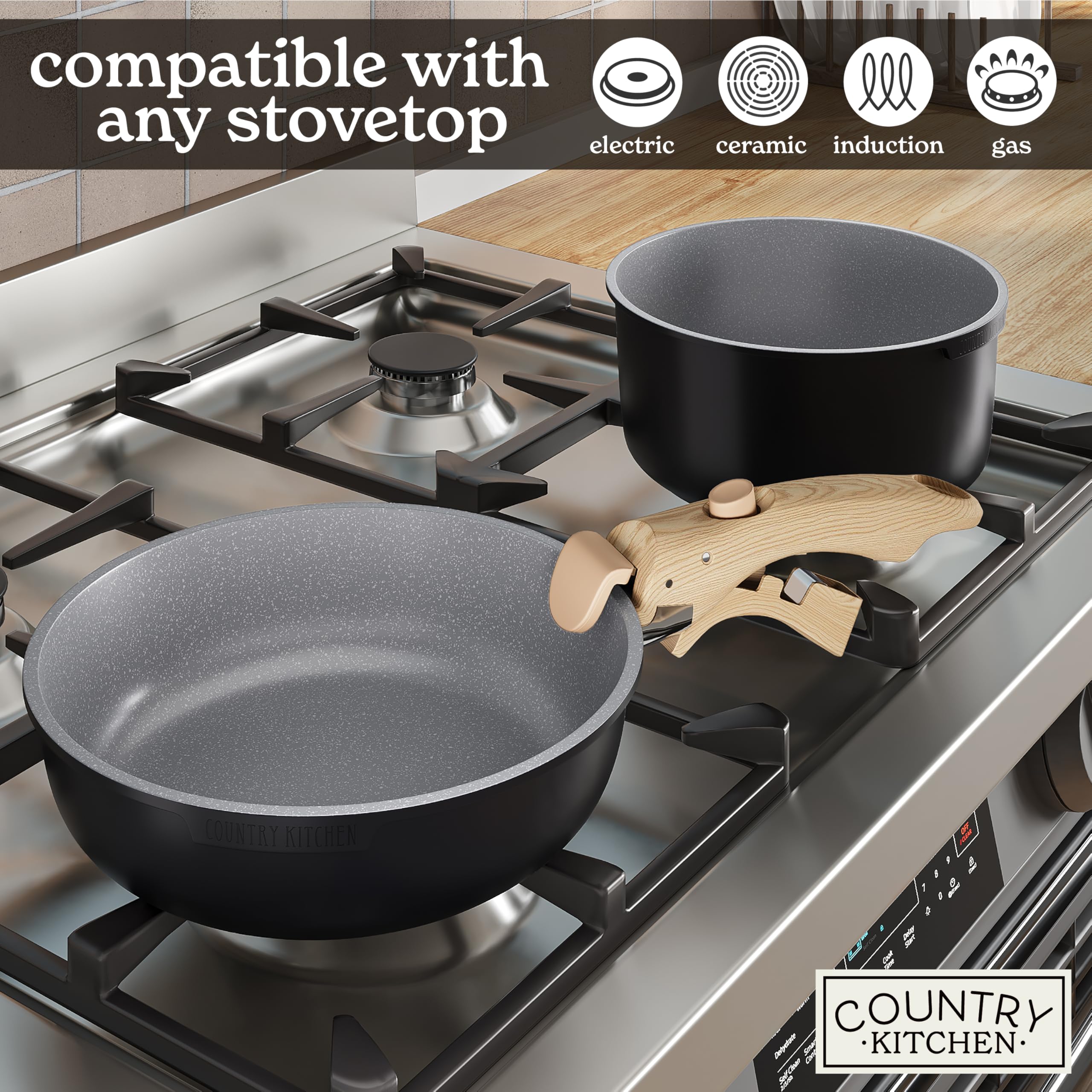Country Kitchen pan in an RV galley cooking to show travel-friendly use