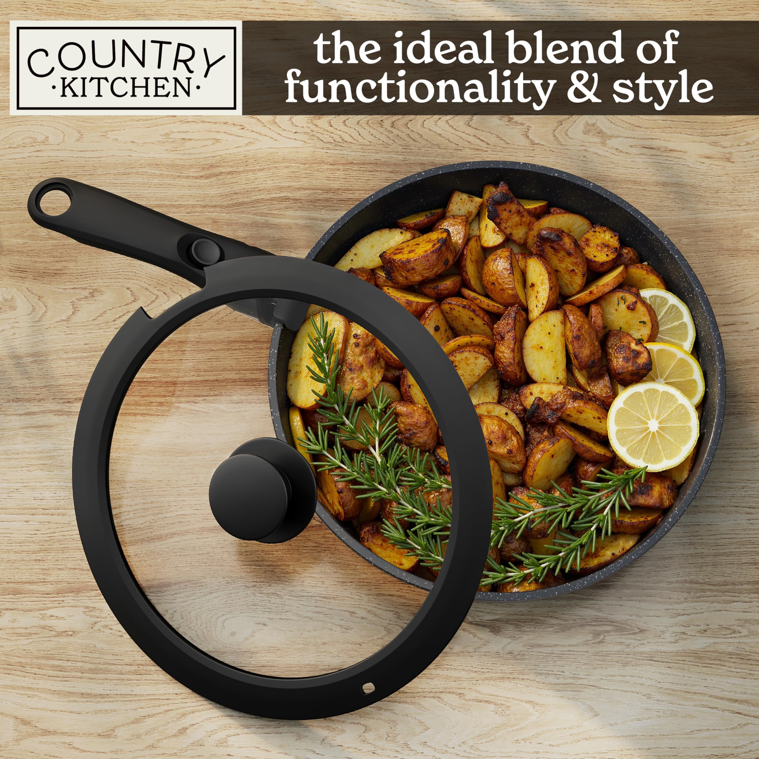 Country Kitchen pan with wooden utensil showing recommended utensil use to protect coating