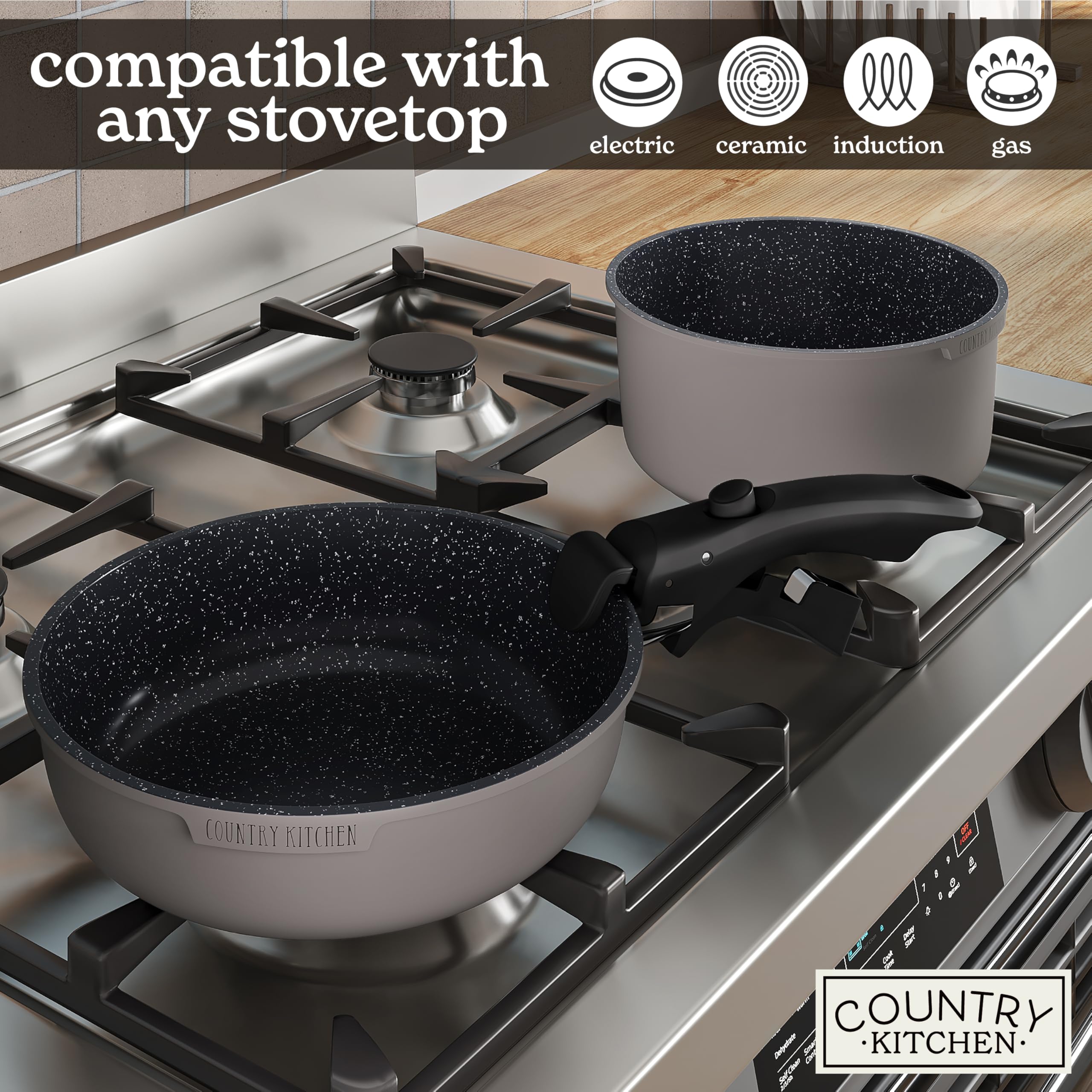 Country Kitchen cookware set on RV stove showing portability and camping-ready convenience