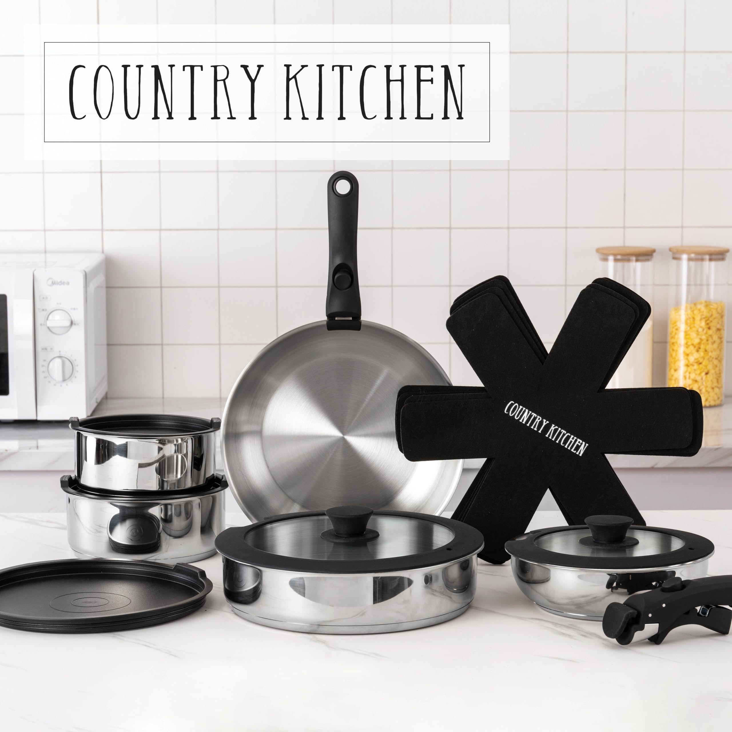 Country Kitchen cookware neatly stored in RV compartment showing travel benefit