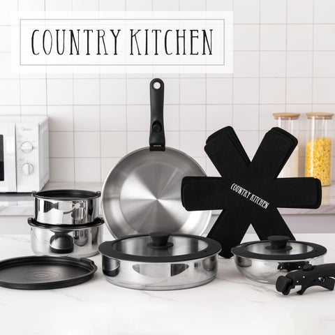 Country Kitchen cookware neatly stored in RV compartment showing travel benefit