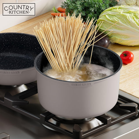 Country Kitchen pans beside utensils showing size and scale for meal prep planning