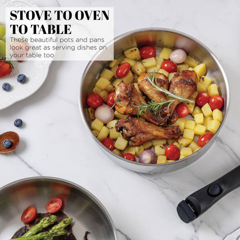 Country Kitchen pans next to dinner plate showing size and scale benefit