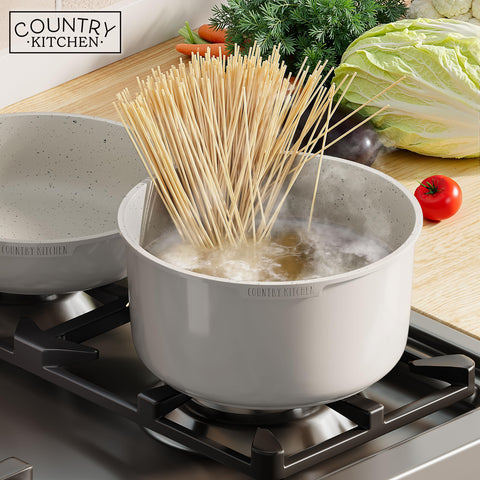 Country Kitchen pans next to common items for size comparison and fit guidance