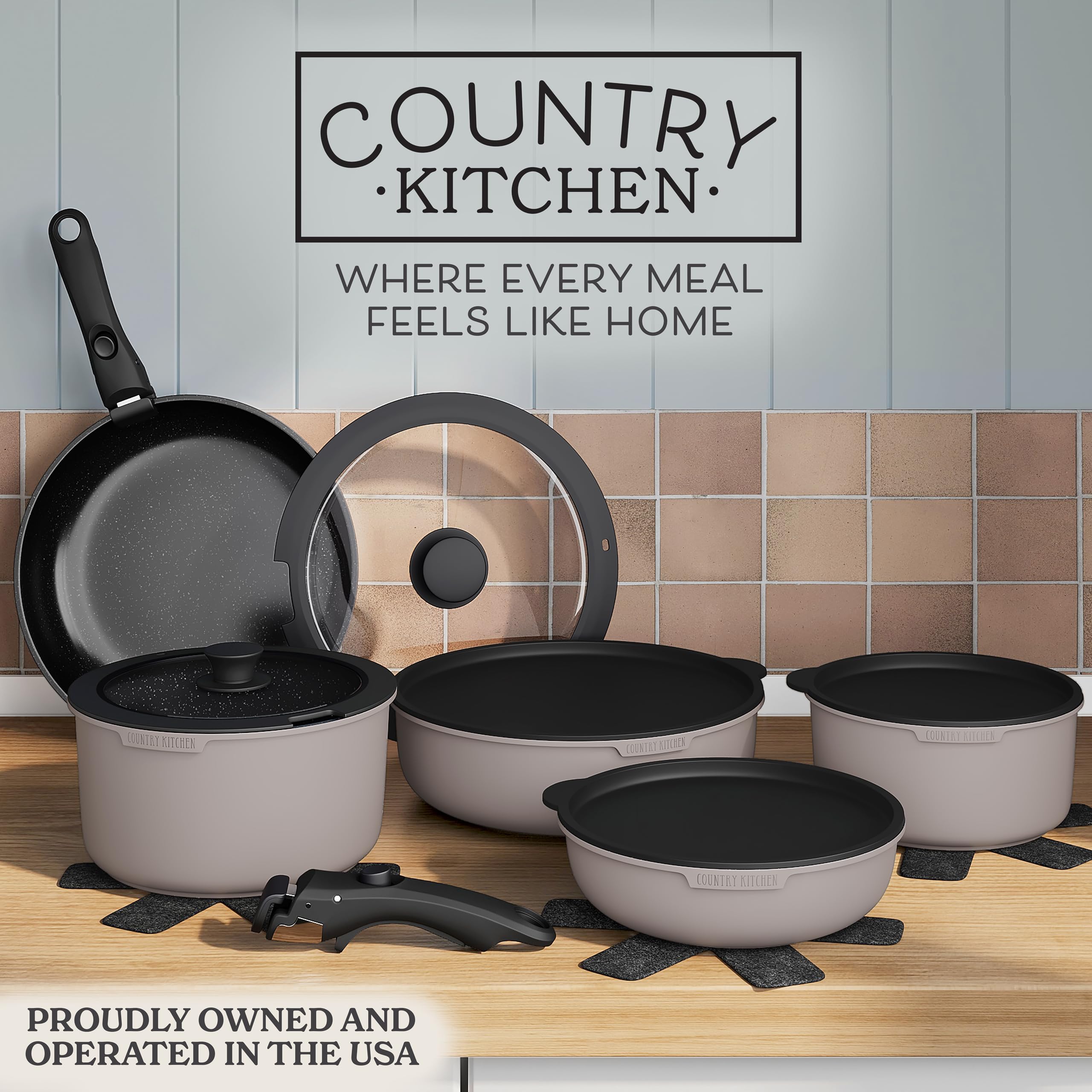 Country Kitchen stacked pots and pans demonstrating space-saving storage benefit