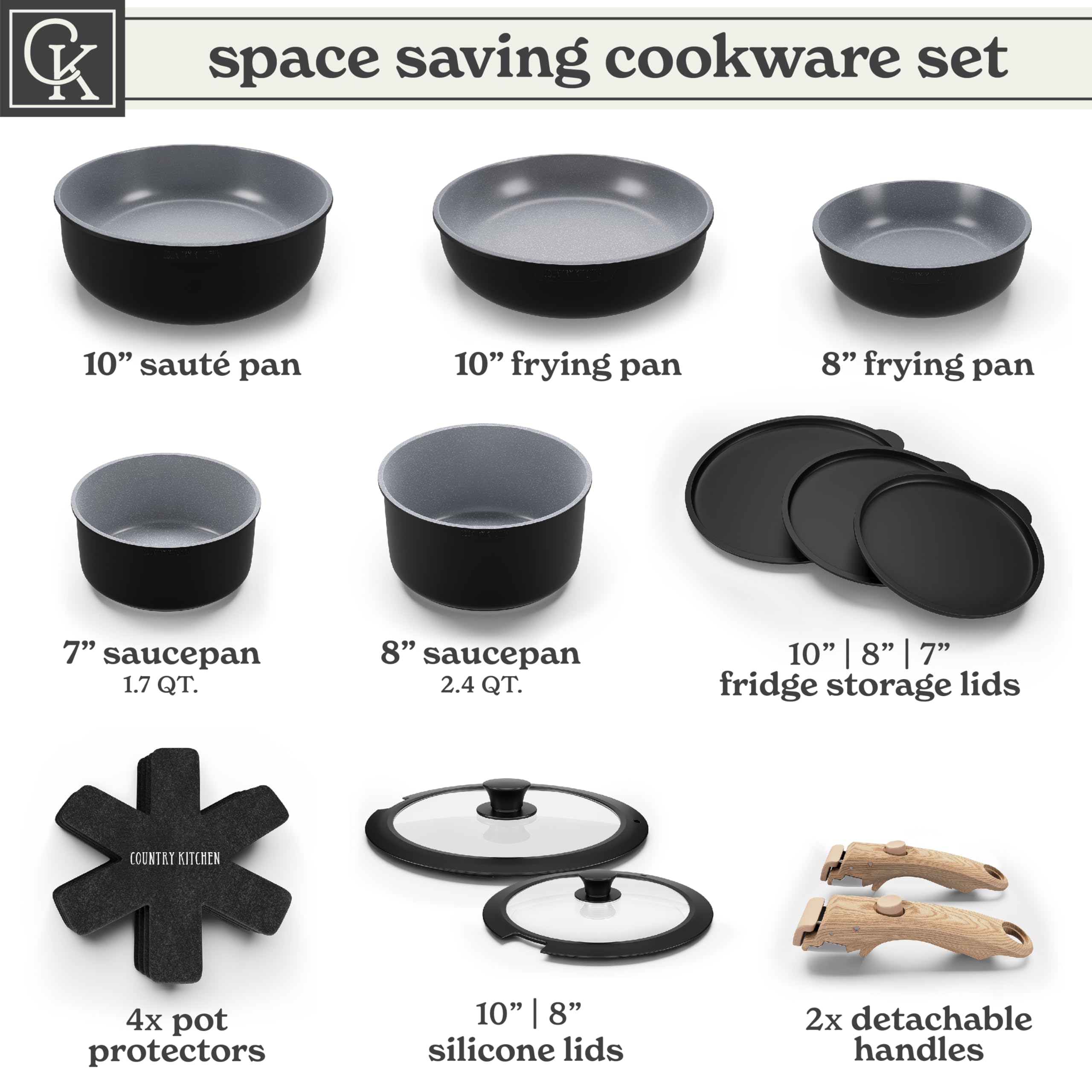 Country Kitchen stacked cookware layout demonstrating compact storage advantage