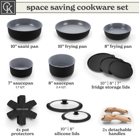 Country Kitchen stacked cookware layout demonstrating compact storage advantage