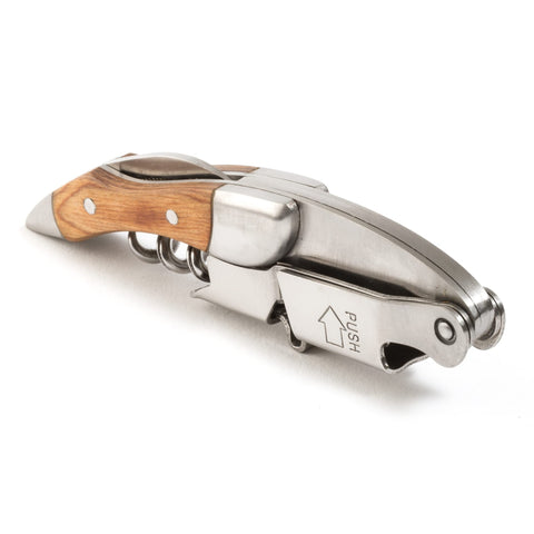 Coutale Sommelier front view showing naturalwood handle and stainless steel frame, elegant presentation