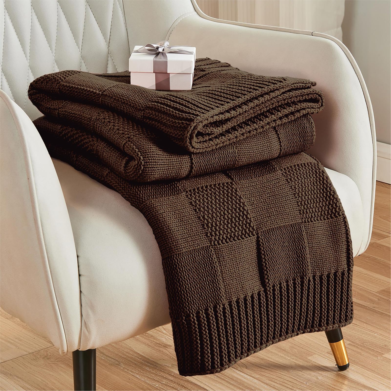 CozeCube front view shows dark brown checkered throw enhancing sofa comfort