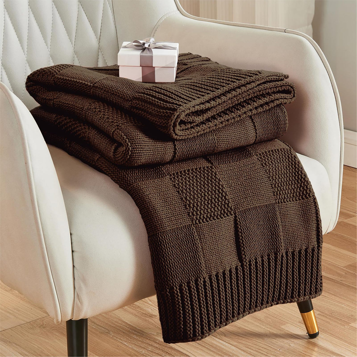 CozeCube front view shows dark brown checkered throw enhancing sofa comfort