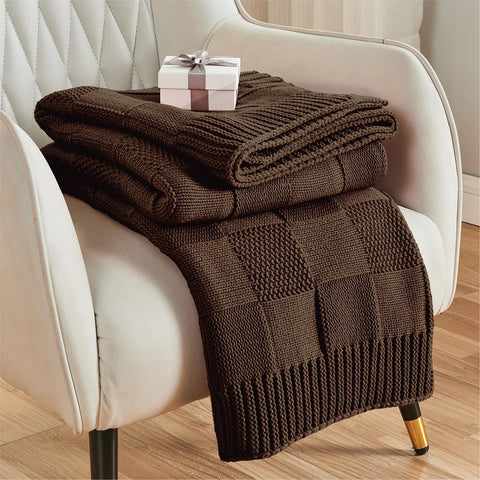 CozeCube front view shows dark brown checkered throw enhancing sofa comfort