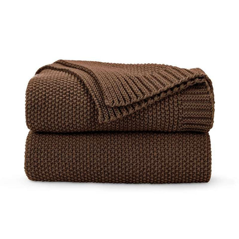 CozeCube front view of dark brown throw showing textured seed-stitch and cozy appeal