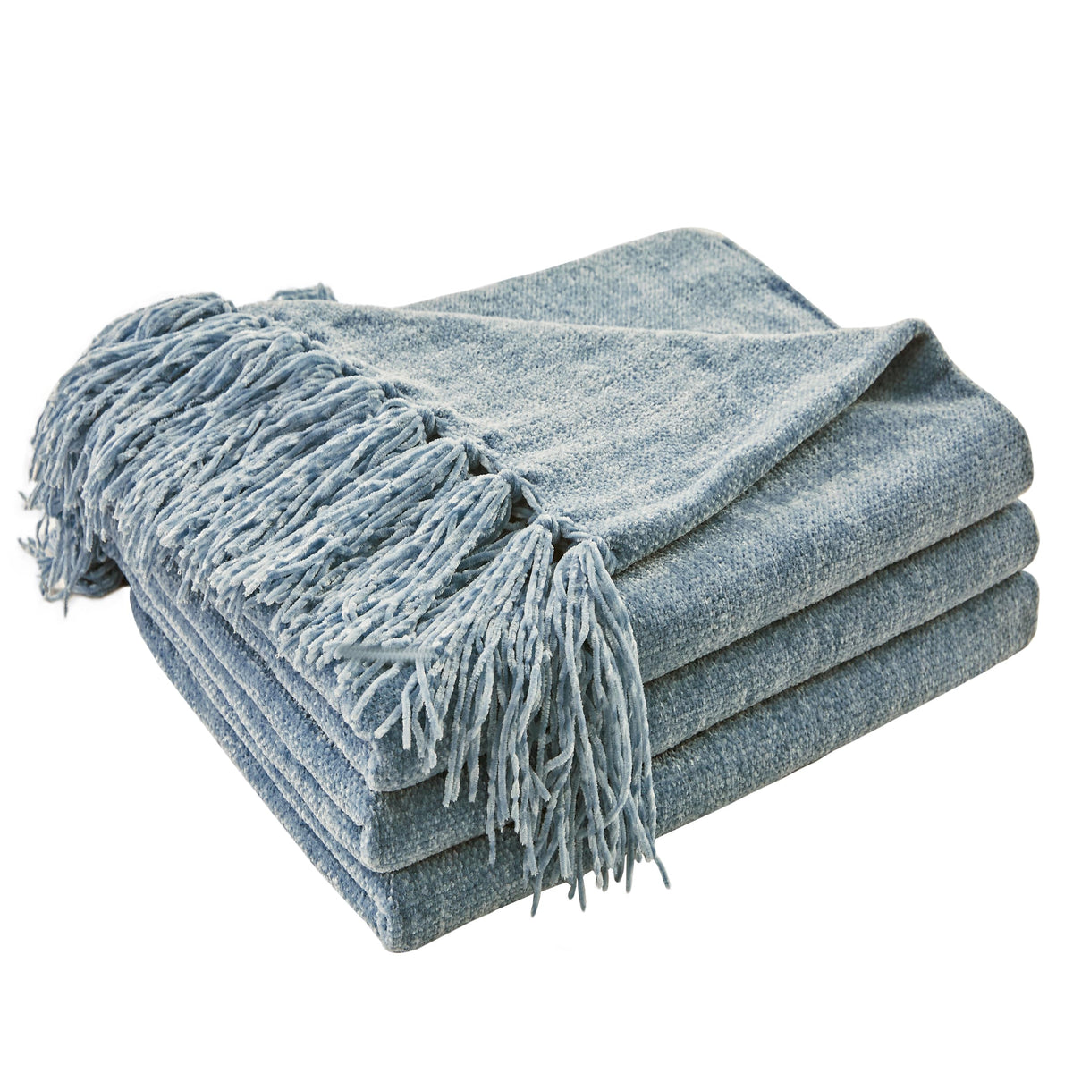 CozeCube dusty blue throw front view showing full blanket and fringe for cozy decor