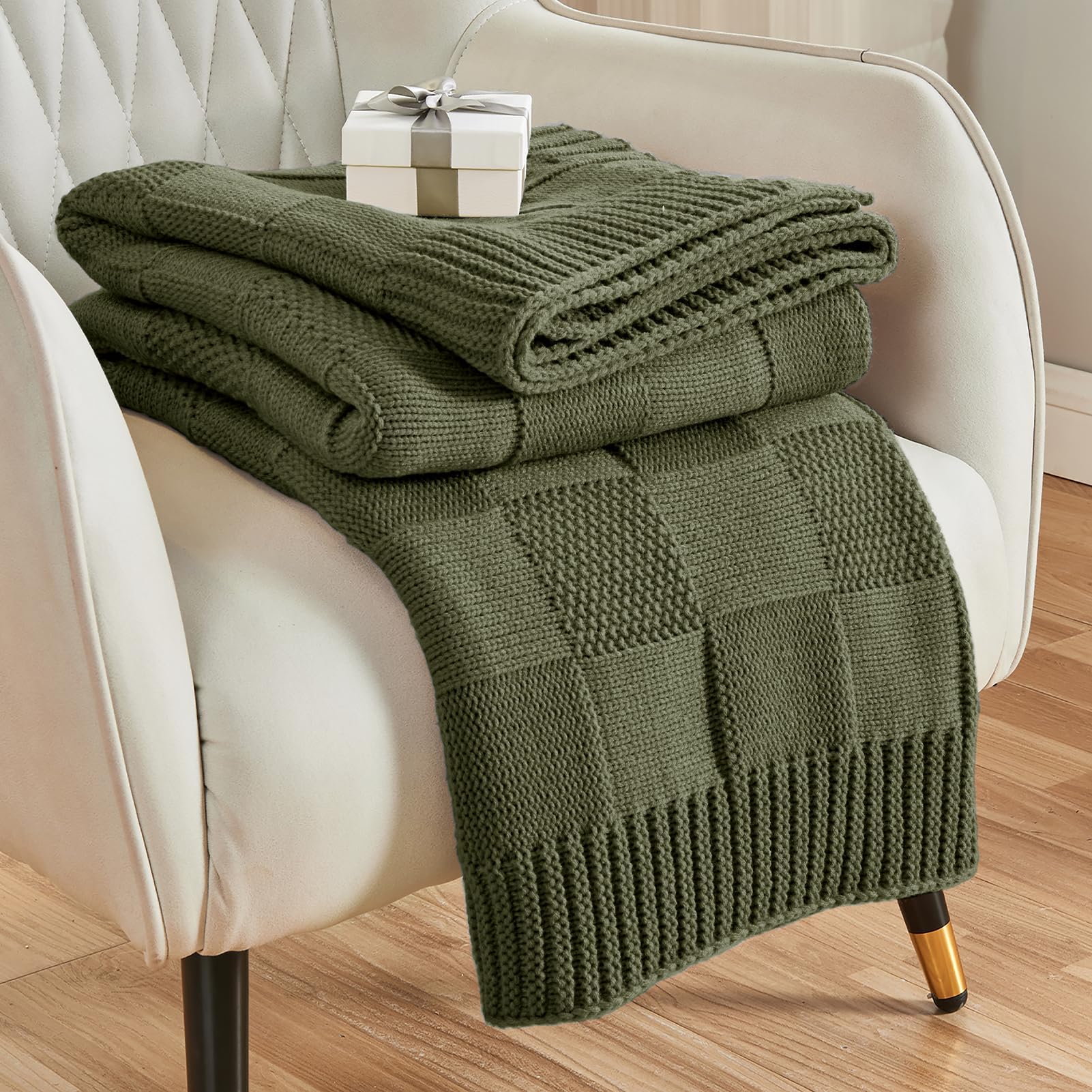 CozeCube front view of olive green throw showing overall pattern and cozy look